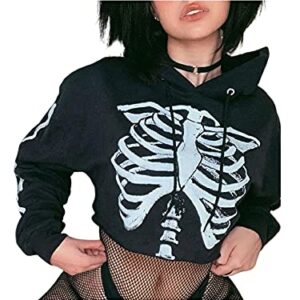 farrubbyine8 Women Gothic Crop Sweatshirt Skeleton Halloween Long Sleeve Hoodie Top Casual Goth Pullover Crop Top (C Skeleton, Large)