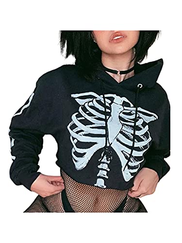 farrubbyine8 Women Gothic Crop Sweatshirt Skeleton Halloween Long Sleeve Hoodie Top Casual Goth Pullover Crop Top (C Skeleton, Large)