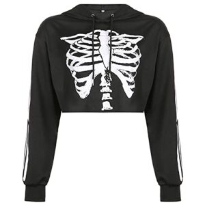 farrubbyine8 Women Gothic Crop Sweatshirt Skeleton Halloween Long Sleeve Hoodie Top Casual Goth Pullover Crop Top (C Skeleton, Large)