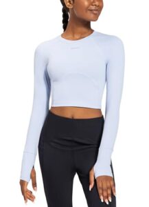 baleaf women's workout top long sleeve crop top athletic cropped pullover for running gym yoga blue m