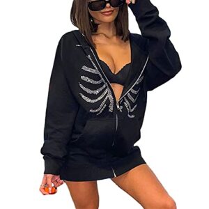 women 's oversized zip up sweatshirt skeleton rhinestone jackets y2k long sleeve printed hoodies(a-skeleton rhinestone black,medium)