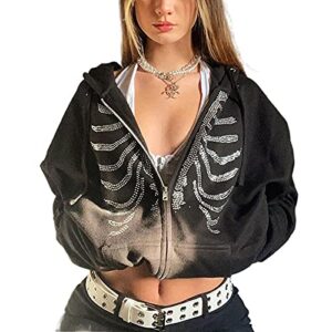 Women 's Oversized Zip Up Sweatshirt Skeleton Rhinestone Jackets Y2K Long Sleeve Printed Hoodies(A-Skeleton Rhinestone Black,Medium)