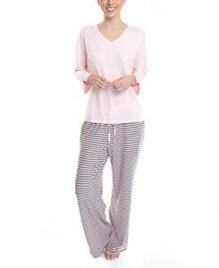 hanes women's butter knit 3/4 v-neck sleep top and pajama pant lounge & sleep set pink/stripe