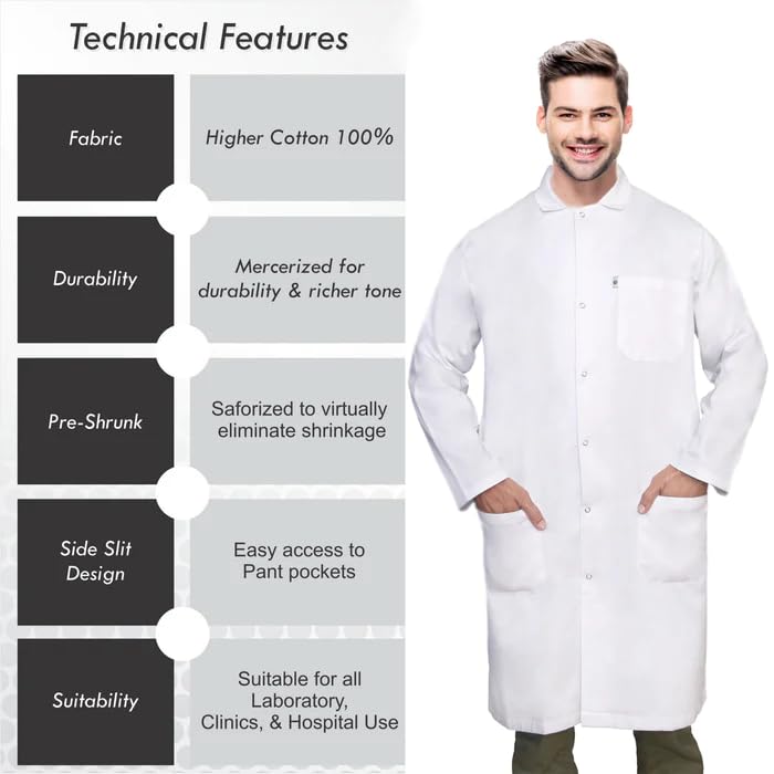 DR Uniforms Unisex Lab Coats, 100% Cotton - Snap Buttons - Sanforized to Control Shrinkage - White Laboratory Coats (X-Large)