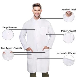 DR Uniforms Unisex Lab Coats, 100% Cotton - Snap Buttons - Sanforized to Control Shrinkage - White Laboratory Coats (X-Large)