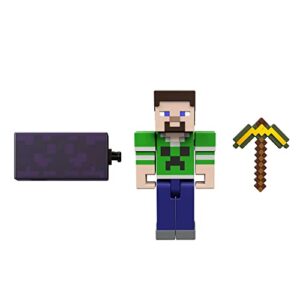 Minecraft Creeper Shirt Steve Action Figure, 3.25-in, with 1 Build-a-Portal Piece & 1 Accessory, Building Toy Inspired by Video Game, Collectible Gift for Fans & Kids Ages 6 Years & Older