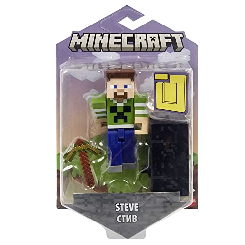 Minecraft Creeper Shirt Steve Action Figure, 3.25-in, with 1 Build-a-Portal Piece & 1 Accessory, Building Toy Inspired by Video Game, Collectible Gift for Fans & Kids Ages 6 Years & Older