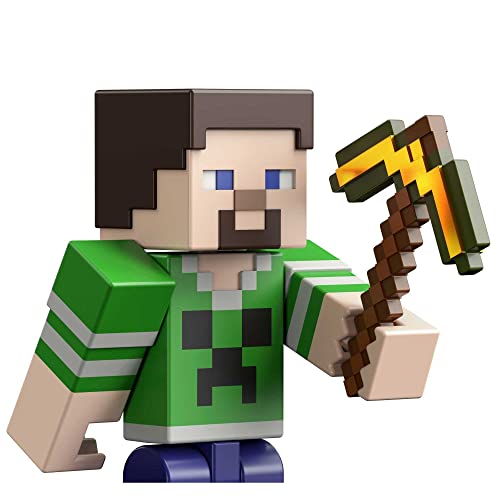 Minecraft Creeper Shirt Steve Action Figure, 3.25-in, with 1 Build-a-Portal Piece & 1 Accessory, Building Toy Inspired by Video Game, Collectible Gift for Fans & Kids Ages 6 Years & Older