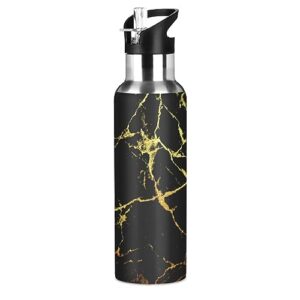 poeticcity black marble with golden veins luxury abstract texture rip style stainless steel water bottle, leak-proof vacuum hot cold insulated travel mug, double walled with handle cup bottle 20 oz