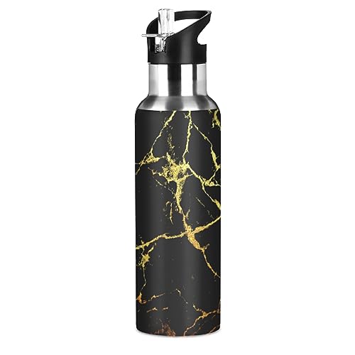 Poeticcity Black Marble with Golden Veins Luxury Abstract Texture Rip Style Stainless Steel Water Bottle, Leak-Proof Vacuum Hot Cold Insulated Travel Mug, Double Walled with Handle Cup Bottle 20 Oz