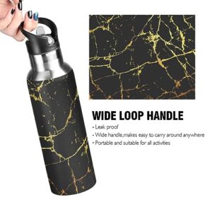 Poeticcity Black Marble with Golden Veins Luxury Abstract Texture Rip Style Stainless Steel Water Bottle, Leak-Proof Vacuum Hot Cold Insulated Travel Mug, Double Walled with Handle Cup Bottle 20 Oz