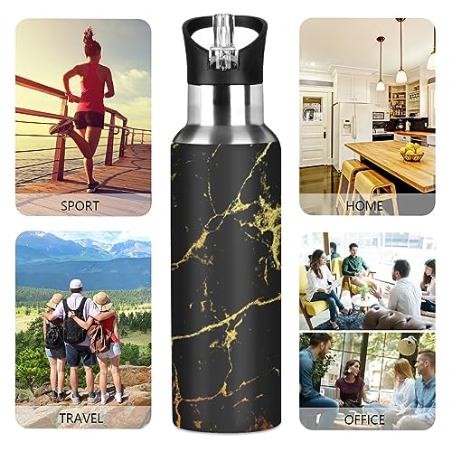 Poeticcity Black Marble with Golden Veins Luxury Abstract Texture Rip Style Stainless Steel Water Bottle, Leak-Proof Vacuum Hot Cold Insulated Travel Mug, Double Walled with Handle Cup Bottle 20 Oz