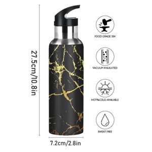 Poeticcity Black Marble with Golden Veins Luxury Abstract Texture Rip Style Stainless Steel Water Bottle, Leak-Proof Vacuum Hot Cold Insulated Travel Mug, Double Walled with Handle Cup Bottle 20 Oz