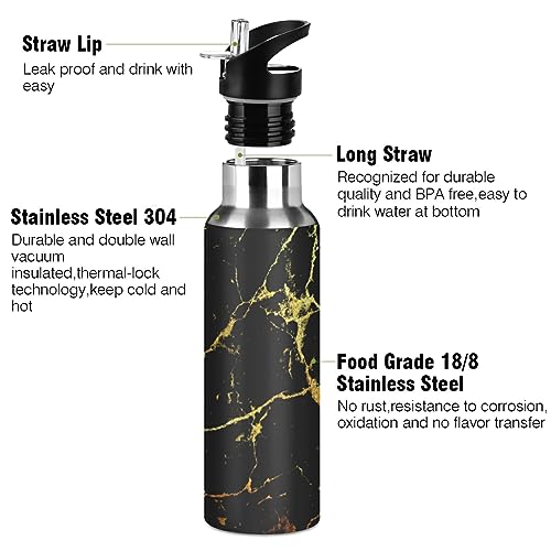 Poeticcity Black Marble with Golden Veins Luxury Abstract Texture Rip Style Stainless Steel Water Bottle, Leak-Proof Vacuum Hot Cold Insulated Travel Mug, Double Walled with Handle Cup Bottle 20 Oz