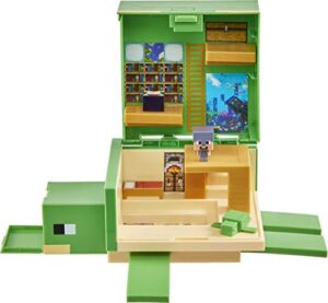 minecraft transforming turtle hideout, authentic pixelated video-game role play, electronic, action toy to create, explore and survive, steve, turtle, collectible gift for fans age 6 years and older