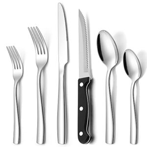 48-piece silverware set with steak knife for 8, e-far stainless steel flatware cutlery set for home kitchen restaurant, modern square tableware eating utensils set, mirror finish, dishwasher safe