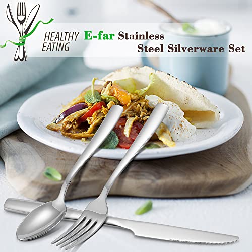 48-Piece Silverware Set with Steak Knife for 8, E-far Stainless Steel Flatware Cutlery Set for Home Kitchen Restaurant, Modern Square Tableware Eating Utensils Set, Mirror Finish, Dishwasher Safe