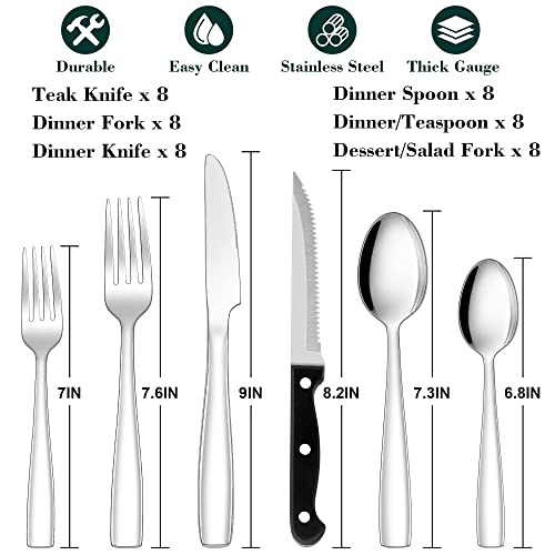 48-Piece Silverware Set with Steak Knife for 8, E-far Stainless Steel Flatware Cutlery Set for Home Kitchen Restaurant, Modern Square Tableware Eating Utensils Set, Mirror Finish, Dishwasher Safe