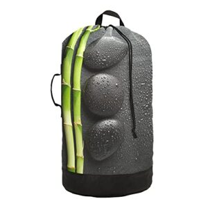 Poeticcity Black Zen Basalt Stones with Dew Green Bamboo on Dark Backpack Laundry Bag Drawstring Hamper Basket, Dirty Clothes Bin Toy Storage with Adjustable Shoulder Straps for Travel Home