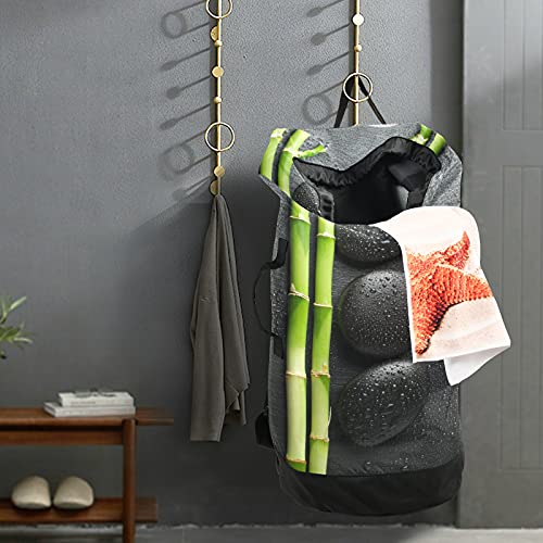 Poeticcity Black Zen Basalt Stones with Dew Green Bamboo on Dark Backpack Laundry Bag Drawstring Hamper Basket, Dirty Clothes Bin Toy Storage with Adjustable Shoulder Straps for Travel Home