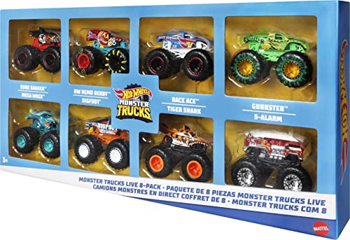 Hot Wheels Monster Trucks Live 8-Pack, Multipack of 1:64 Scale Toy Monster Trucks, Characters from The Live Show, Smashing & Crashing Trucks, Gift for Kids 3 Years Old & Up