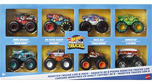 Hot Wheels Monster Trucks Live 8-Pack, Multipack of 1:64 Scale Toy Monster Trucks, Characters from The Live Show, Smashing & Crashing Trucks, Gift for Kids 3 Years Old & Up