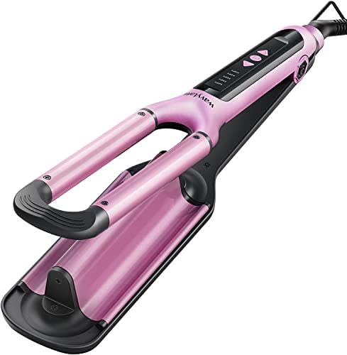 Wavytalk Beach Waves Curling Iron 3 Barrel Deep Hair Waver Hair Crimper Ceramic Curling Wand Beachy Waving Wand Hair Iron Adjustable Heat 300℉ - 420 ℉ Dual Voltage Pink