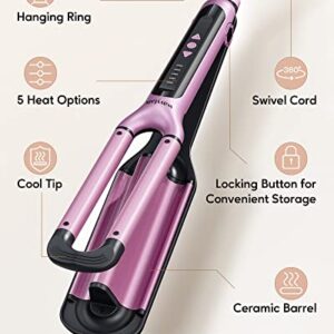 Wavytalk Beach Waves Curling Iron 3 Barrel Deep Hair Waver Hair Crimper Ceramic Curling Wand Beachy Waving Wand Hair Iron Adjustable Heat 300℉ - 420 ℉ Dual Voltage Pink