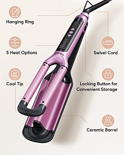 Wavytalk Beach Waves Curling Iron 3 Barrel Deep Hair Waver Hair Crimper Ceramic Curling Wand Beachy Waving Wand Hair Iron Adjustable Heat 300℉ - 420 ℉ Dual Voltage Pink