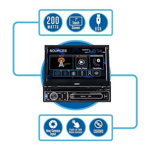 JENSEN CDR171 7 inch AM/FM Motorized Flip Out LED Media Touch Screen Single Din Car Stereo Radio | CD & DVD Player | Push to Talk Assistant | Bluetooth | Backup Camera Input | USB and 3.5mm AUX Inputs