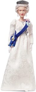 barbie signature queen elizabeth ii platinum jubilee doll wearing ivory gown, riband, crown & gloves, with doll stand, gift for collectors