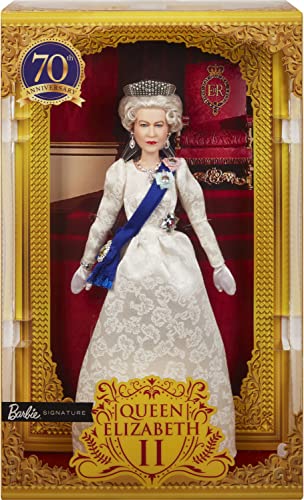 Barbie Signature Queen Elizabeth II Platinum Jubilee Doll Wearing Ivory Gown, Riband, Crown & Gloves, with Doll Stand, Gift for Collectors