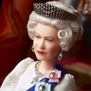 Barbie Signature Queen Elizabeth II Platinum Jubilee Doll Wearing Ivory Gown, Riband, Crown & Gloves, with Doll Stand, Gift for Collectors