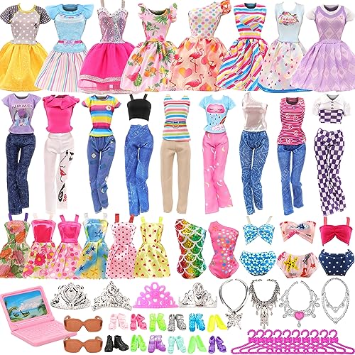 ENOCHT 47 PCS Girl Doll Clothes and Accessories 2 PCS Fashion Dresses 3 Tops and Pants Outfits 5 PCS Party Dresses 2 Sets Swimsuits Bikini,35 PCS Shoes Hangers and other Accessories for 11.5 inch Doll