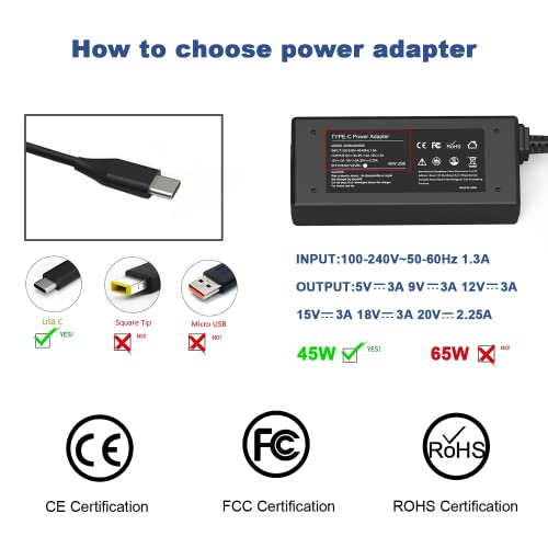 45W USB C Charger for Lenovo Laptop Charger : Lenovo Yoga Charger C740 C940 C930 920 C630 730 720 7i, Lenovo Thinkpad Charger T480 T480s T490 T580 T14 T16 X1,Chromebook,Type C AC Power Adapter Cord