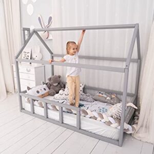 BUSYWOOD Montessori Twin House Bed - Toddler Floor Bed Frame - Kids Furniture - Indoor Playroom - Floor Bed House - Montessori Bed for Toddlers (Model 2, Grey, Floor Bed)