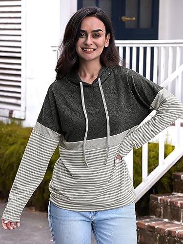 Butgood Women's Color Block Hoodies Fall Long Sleeve Sweatshirt Casual Drawstring Pullover Tops Striped Tunic Shirts Dark Grey