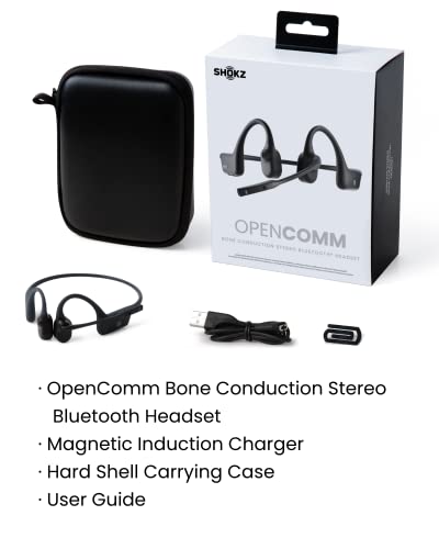 SHOKZ (AfterShokz OpenComm - Bone Conduction Open-Ear Stereo Bluetooth Headset with Noise-Canceling Boom Microphone - Wireless Headset for Mobile Use, with Bookmark