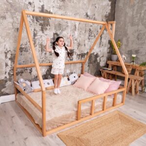 busywood montessori platform bed - toddler bed - kids floor bed house frame - natural wood daybed frame - unique bed (model 1, natural wood, floor bed)