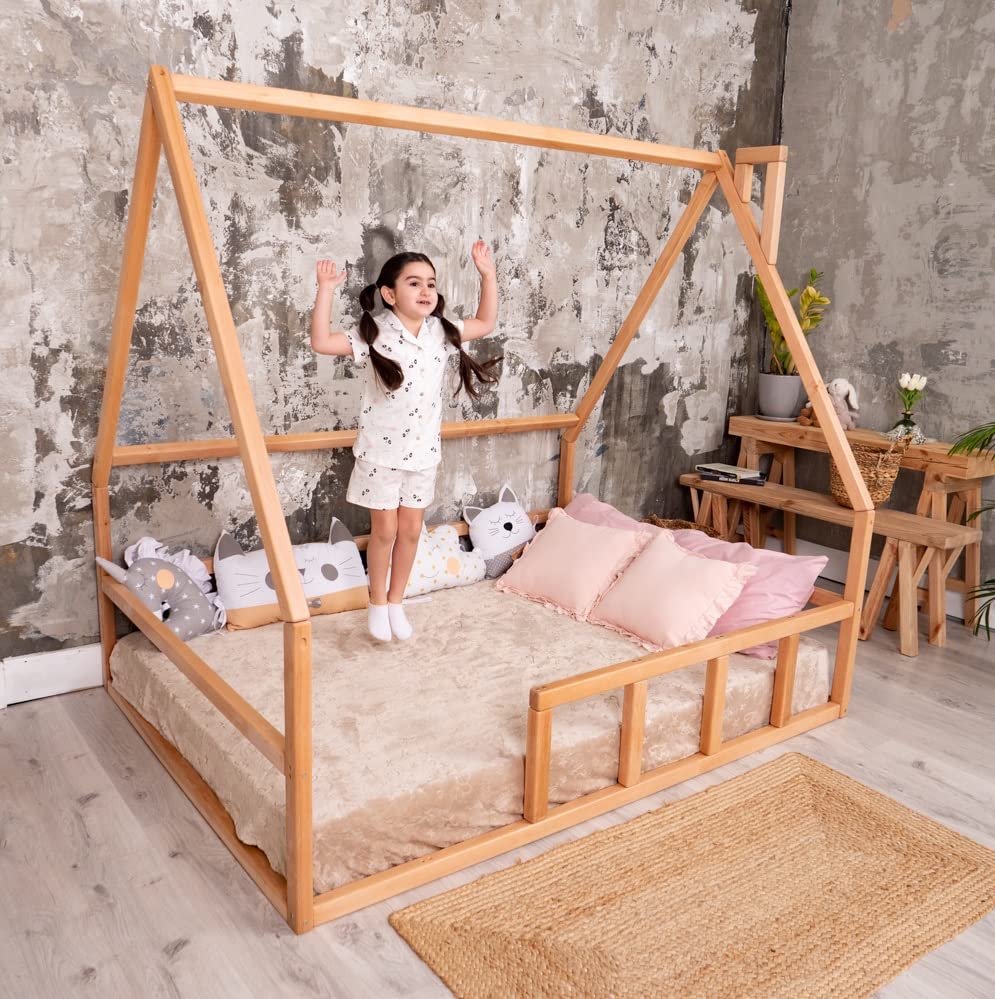 BUSYWOOD Montessori Platform Bed - Toddler bed - Kids Floor Bed House Frame - Natural Wood Daybed Frame - Unique bed (Model 1, Natural Wood, Floor Bed)