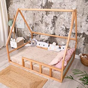 BUSYWOOD Montessori Platform Bed - Toddler bed - Kids Floor Bed House Frame - Natural Wood Daybed Frame - Unique bed (Model 1, Natural Wood, Floor Bed)