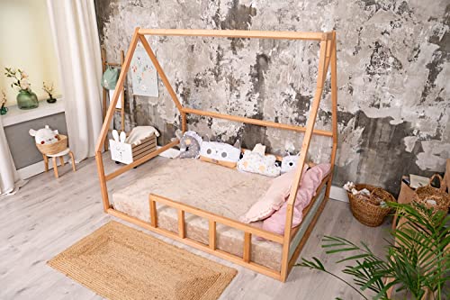 BUSYWOOD Montessori Platform Bed - Toddler bed - Kids Floor Bed House Frame - Natural Wood Daybed Frame - Unique bed (Model 1, Natural Wood, Floor Bed)