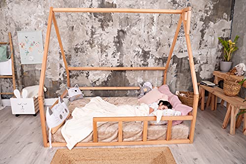 BUSYWOOD Montessori Platform Bed - Toddler bed - Kids Floor Bed House Frame - Natural Wood Daybed Frame - Unique bed (Model 1, Natural Wood, Floor Bed)