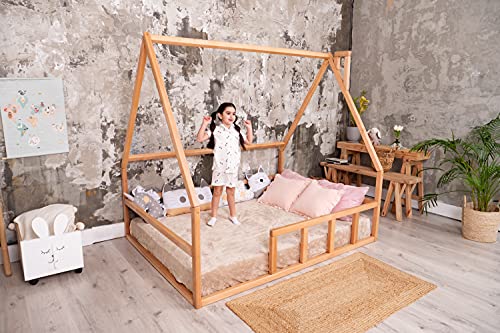 BUSYWOOD Montessori Platform Bed - Toddler bed - Kids Floor Bed House Frame - Natural Wood Daybed Frame - Unique bed (Model 1, Natural Wood, Floor Bed)