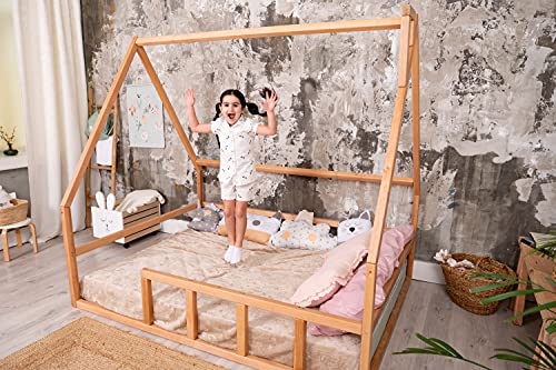 BUSYWOOD Montessori Platform Bed - Toddler bed - Kids Floor Bed House Frame - Natural Wood Daybed Frame - Unique bed (Model 1, Natural Wood, Floor Bed)