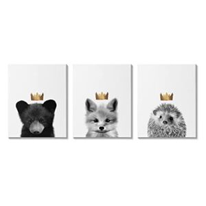 stupell industries woodland animals bold crowns black bear fox hedgehog, designed by leah straatsma canvas wall art, 3pc, each 24 x 30