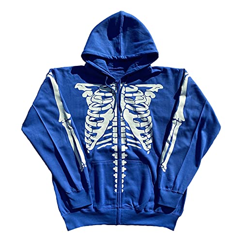 Women Butterfly Skull Long Sleeve Zip Up Hoodie Jacket Lightweight Sweatshirt Coat with Kangaroo Pocket (U1 Skeleton Blue, M)