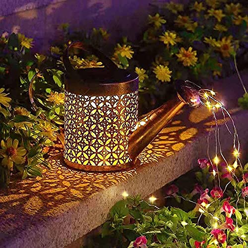 BB&UU Metal Garden Stake Lights,Outdoor Solar Garden Lights,Pathway Hollow Watering Can Solar Light,Decorative Fairy String Light Art Hanging Kettle Lantern-A 15.5x80cm(6x31inch)