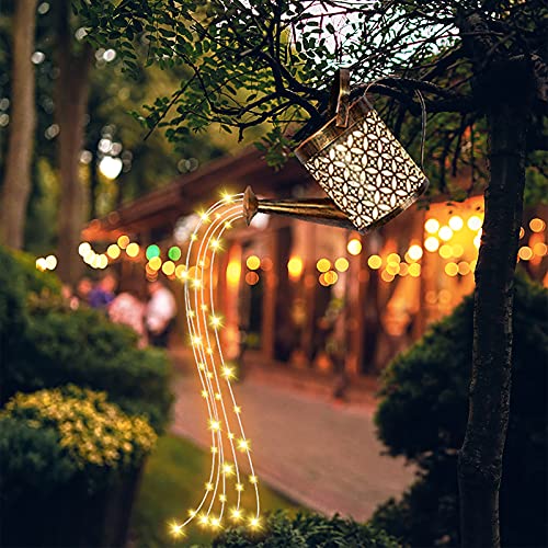 BB&UU Metal Garden Stake Lights,Outdoor Solar Garden Lights,Pathway Hollow Watering Can Solar Light,Decorative Fairy String Light Art Hanging Kettle Lantern-A 15.5x80cm(6x31inch)