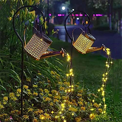 BB&UU Metal Garden Stake Lights,Outdoor Solar Garden Lights,Pathway Hollow Watering Can Solar Light,Decorative Fairy String Light Art Hanging Kettle Lantern-A 15.5x80cm(6x31inch)